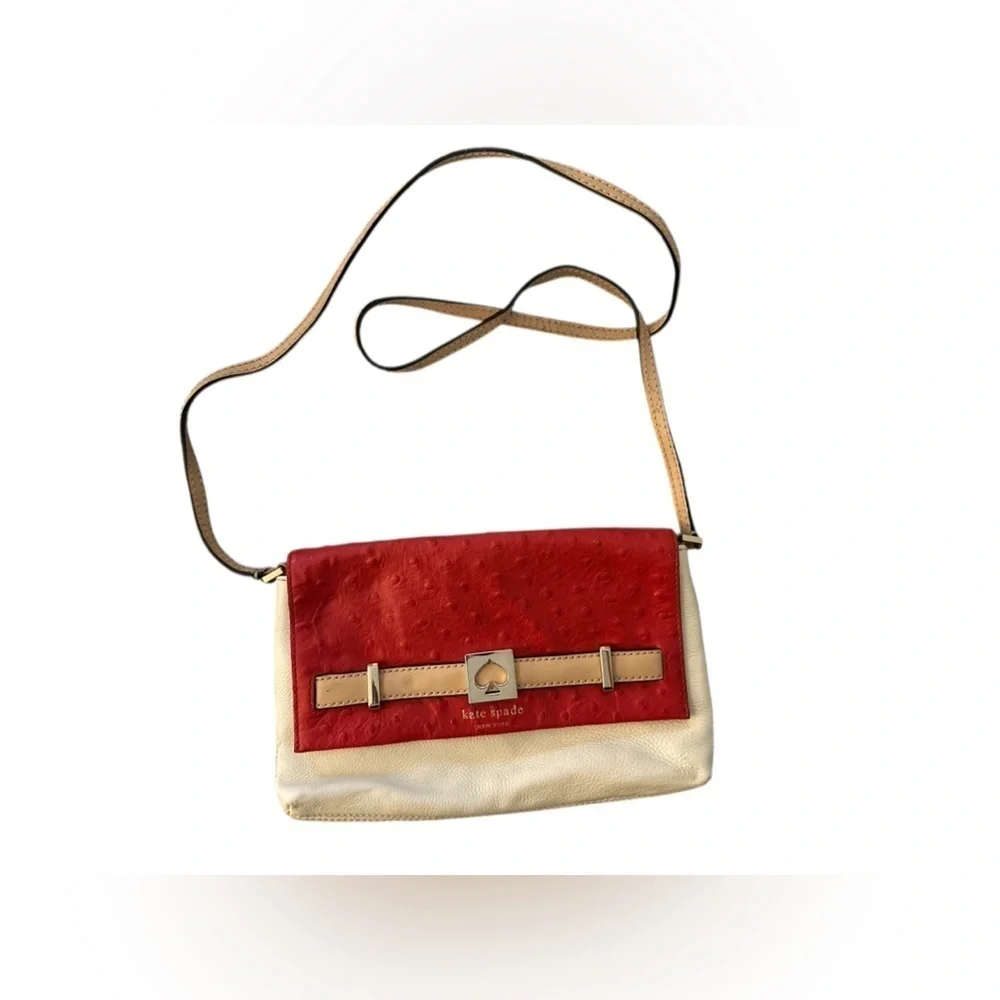 Kate Spade Houston Street Red & Cream Loula Ostrich Leather Snap Small Crossbody